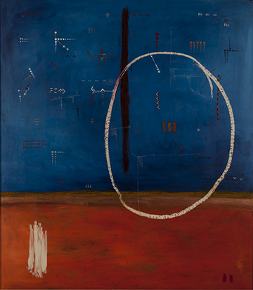 Samson Mnisi (South African 1971-) BLUE AND RED WITH WHITE CIRCLE signed oil on canvas 167,5 by