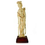 A LARGE CHINESE CARVED IVORY FIGURE OF A STANDING MAIDEN NOT SUITABLE FOR EXPORT wearing flowing