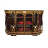 A VICTORIAN MAHOGANY, WALNUT, EBONISED AND PORCELAIN MOUNTED CREDENZA the rectangular, cross-