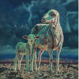 Liza Meyer (South African 20th Century-) SHEEP signed oil on board 74 by 74cm