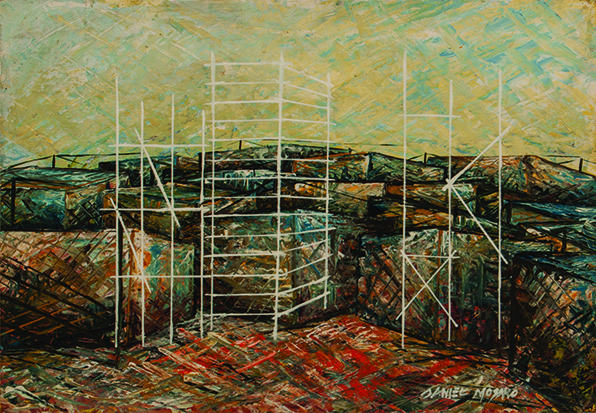 Daniel Mosako (South African 1970-) SETTLEMENT signed oil on board 35 by 50cm, unframed