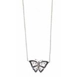 A DIAMOND AND SAPPHIRE PENDANT AND CHAIN naturalistically modelled in the form of a butterfly,