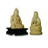 TWO CHINESE IVORY CARVINGS OF SEATED FIGURES NOT SUITABLE FOR EXPORT one depicting a Buddha in