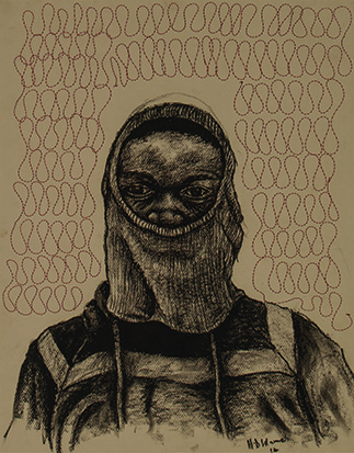 Happy Dhlame (South African 21st Century-) BALACLAVA DRAWING signed and dated 14 charcoal and cotton