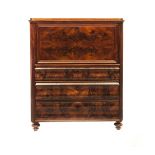 A MAHOGANY AND ROSEWOOD SECRETAIRE, FIRST HALF 19TH CENTURY the shaped top above a hinged fall-front