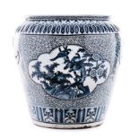 A LARGE CHINESE BLUE AND WHITE JARDINIÈRE, 20TH CENTURY the tapering ovoid body painted on either