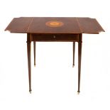 A VICTORIAN MAHOGANY AND SATINWOOD PEMBROKE TABLE the rectangular crossbanded top centred by a shell