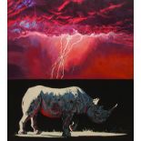 Liza Meyer (South African 20th Century-) RHINO signed oil on board 88 by 78,5cm