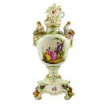 A MEISSEN URN, COVER AND STAND, 19TH CENTURY the baluster body with gadrooned stem and scroll