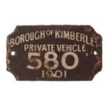 Anon BOROUGH OF KIMBERLEY PRIVATE VEHICLE NUMBER PLATE 580 1901 Kimberley: 1901 A green enamelled