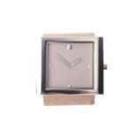 A STAINLESS STEEL WRISTWATCH, VOILA OP-LA quartz, the square silvered dial with silvered baton and