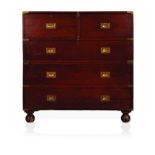 A VICTORIAN TEAK SECRETAIRE CAMPAIGN CHEST in two parts, the rectangular top above two box