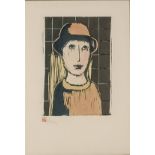 Pieter van der Westhuizen (South African 1931-2008) WOMAN WITH HAT woodcut, signed and dated '89