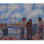 Kenneth Baker (South African 1931-1995) FISHERMEN NEGOTIATING THE DAY'S CATCH signed and dated 85
