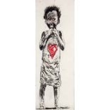 Nelson Makamo (South African 1982 -) YOUNG GIRL WITH RED HEART signed and dated 2016 charcoal and