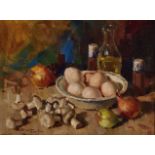 Dino Paravano (South African 1935-) STILL LIFE WITH EGGS, ONIONS AND A VESSEL signed oil on board 30