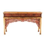 A SOUTHERN CHINESE SOFTWOOD RED- AND GILT PAINTED ALTAR TABLE, 19TH CENTURY the rectangular top