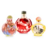 A CHINESE RED-OVERLAY 'SNOWSTORM' GLASS SNUFF BOTTLE AND STOPPER of flattened globular form, the red