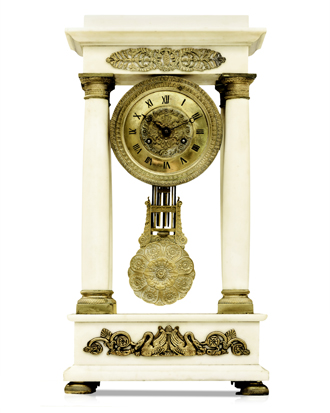 A FRENCH WHITE MARBLE PORTICO CLOCK, CIRCA 1850 BUYERS ARE ADVISED THAT A SERVICE IS RECOMMENDED FOR