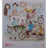 Pieter van der Westhuizen (South African 1931-2008) FIGURES ON BICYCLES WITH BIRDS etching printed