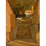 Titta Fasciotti (South African 1927-1993) AN ALLEYWAY LEADING UP TO STAIRS signed oil on board 29 by
