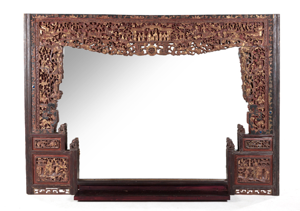 A CHINESE CARVED RED-PAINTED AND GILT OVERMANTEL MIRROR, 19TH CENTURY AND LATER of rectangular