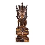 A BURMESE LACQUER AND GILT WOOD FIGURE OF SHAN BUDDHA seated in Vajrasana upon the double throne,