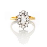 A DIAMOND RING centred with a marquise-cut diamond weighing approximately 0.49cts, enclosed within a