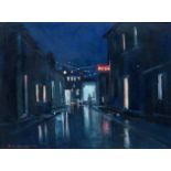 Don (Donald James) Madge (South African 1920-1997) NIGHT STREET SCENE signed oil on board 29,5 by