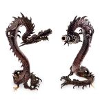 A PAIR OF JAPANESE PATINATED BRONZE 'DRAGON' TABLE LAMPS each in the form of a rearing sinuous