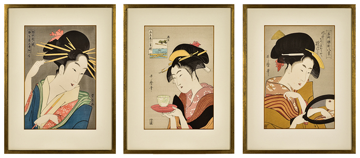 AFTER KITAGAWA UTAMARO (1753-1806): THREE JAPANESE WOODBLOCK PRINTS one depicting a bust-portrait of