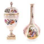 A DRESDEN BOTTLE VASE, LATE 19TH CENTURY painted with alternating panels of a courting couple on a
