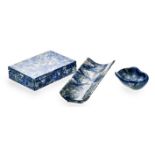 A LAPIS LAZULI CIGAR CASE together with a lapis lazuli ashtray and a lapis lazuli dish 18cm long