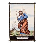 A DUTCH DELFT POLYCHROME TILE PICTURE ' DE GOEDE HERDER' painted with the figure of Jesus with a