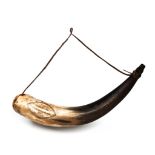 AN ENGRAVED POWDER HORN inscribed 'Fort Hare Cape of Good Hope 1847', with raw hide sling, shaped to