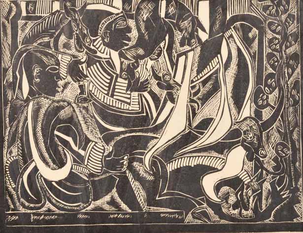 Azaria Mbatha (South African 1941-) FIGURES linocut, signed and numbered 2/100 in pencil in the