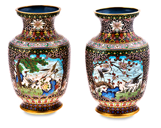 A PAIR OF CHINESE CLOISONNE VASES, LATE 19TH CENTURY each tapering ovoid body with everted rim,