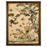 A CHINESE SILK EMBROIDERY, 19TH CENTURY rectangular, stitched with a pair of phoenix perched on