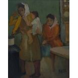 Kenneth Baker (South African 1931-1995) TWO WOMEN AND A CHILD signed oil on board 53 by 28cm