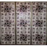 THREE DELFT MAGENTA TILE PANELS rectangular, each comprising 12 tiles with three stylised