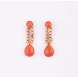 A PAIR OF CORAL AND SEED-PEARL PENDANT EARRINGS NOT SUITABLE FOR EXPORT each designed as a