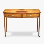 A GEORGE III STYLE SATINWOOD AND INLAID SIDE TABLE the rectangular bowfronted top above a pair of