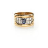 A SAPPHIRE AND DIAMOND RING collet set to the centre with an oval mixed-cut sapphire weighing