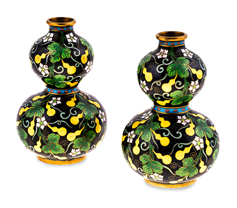 A PAIR OF CHINESE CLOISONNE DOUBLE-GOURD VASES, 19TH CENTURY each decorated overall with yellow