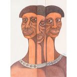 Solly Malope (South African 1953 -) THREE FACES signed and dated 98 pencil and pastel on paper 73 by