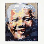 PORTRAIT OF MANDELA by Lazetha Lötter wool backed on fabric. A label attached reads: "Made with Love