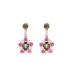 A PAIR OF TOURMALINE, PINK SAPPHIRE AND DIAMOND PENDENT EARRINGS each surmount claw-set with a round
