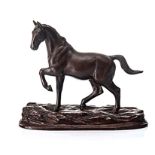 A JAPANESE BRONZE FIGURE OF A HORSE naturalistically cast, supported on carved wooden base,