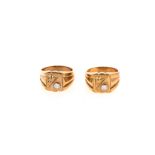 A PAIR OF 18CT GOLD RINGS each broad band centred with a square-shaped plaque applied with an