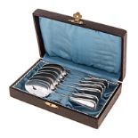 A CASED SET OF SIX FRENCH SILVER DEMITASSE SPOONS, .950 BOULENGER, 1876-1899 threaded border with